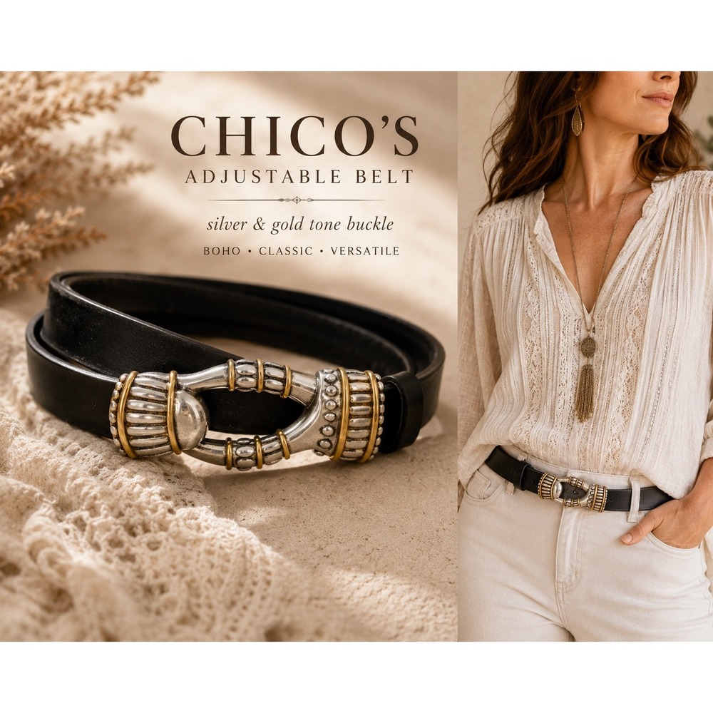 Chico's Black‎ Leather Adjustable Belt Two Tone Buckle Women's Boho Western